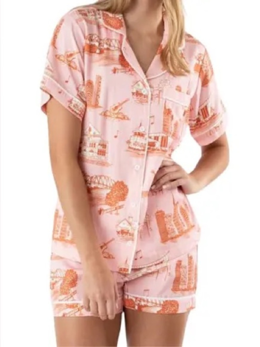 Katie Kime Pink and Orange Nashville Toile Short Sleeve PJ Set Tennessee small